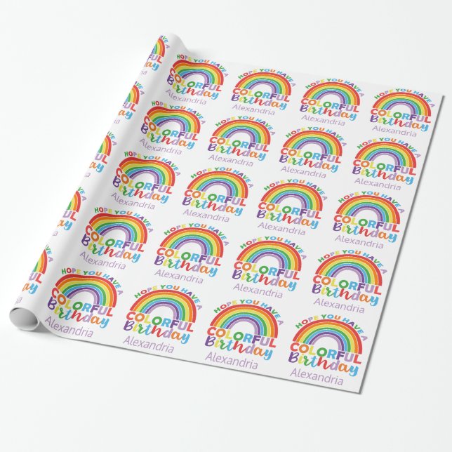 Colourful Birthday Rainbow Personalised Kids Girls Wrapping Paper (Unrolled)