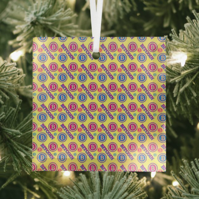 Colourful Bitcoin Pattern Glass Tree Decoration (Insitu)