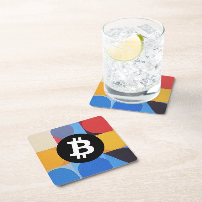 Colourful Bitcoin Pattern Square Paper Coaster (Insitu)