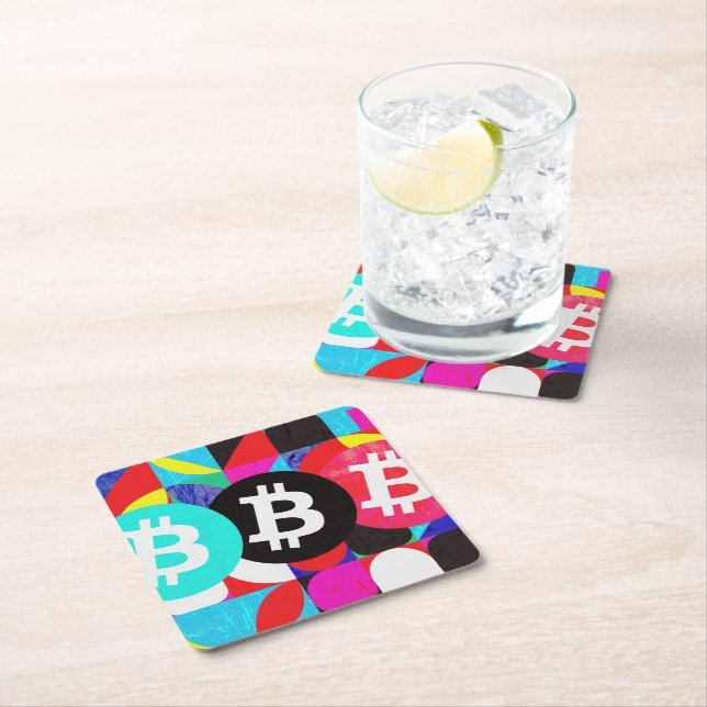 Colourful Bitcoin Pattern Square Paper Coaster (Insitu)