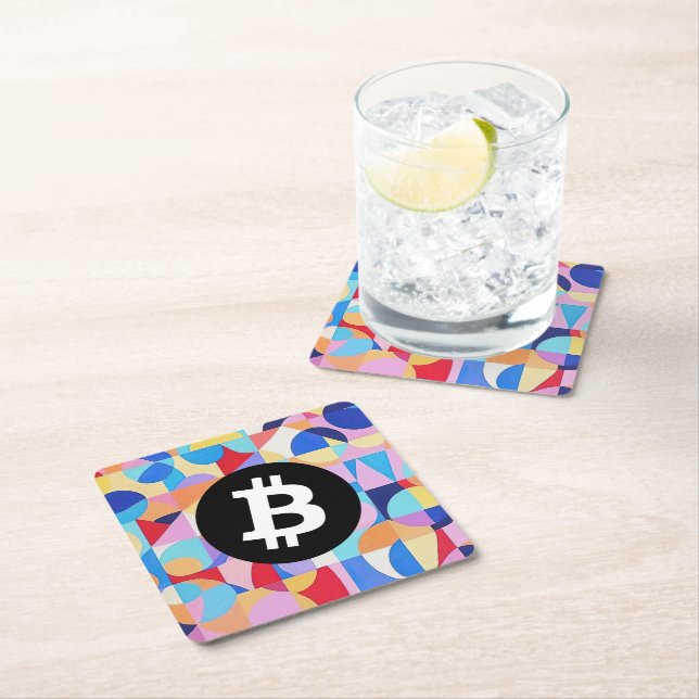 Colourful Bitcoin Pattern Square Paper Coaster (Insitu)