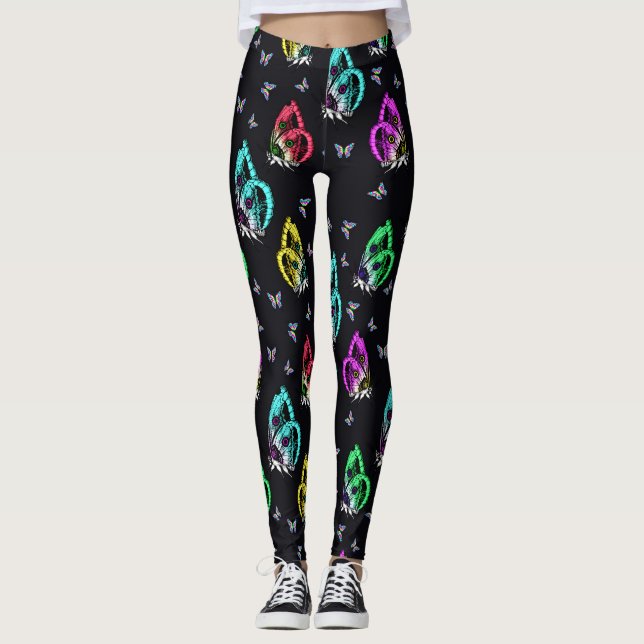Colourful Black Butterfly Pattern Design Leggings (Front)