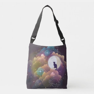 Colourful Black Cat Crescent Moon Crossbody Bag