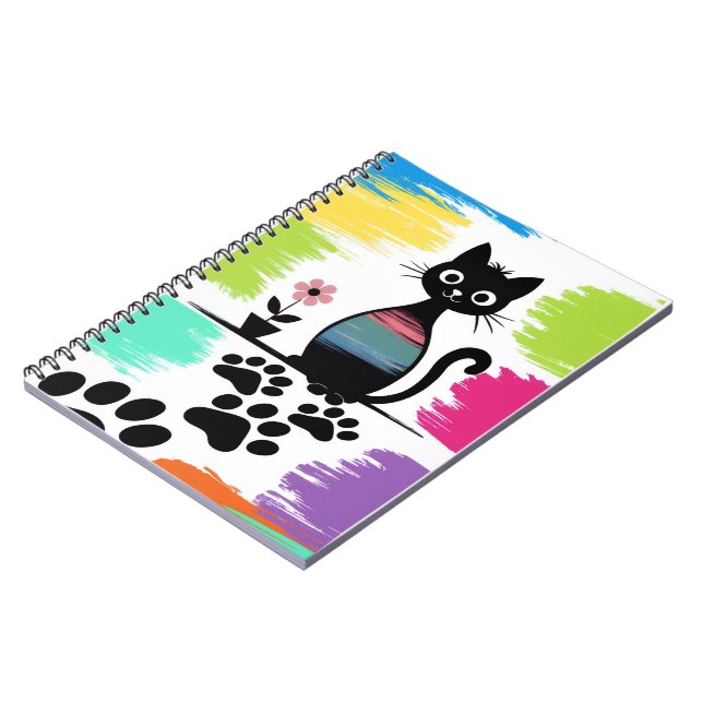 Colourful Black Cat Notebook Cute Paw Print Design (Left Side)