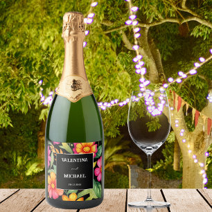 Colourful Black Floral Fiesta Mexican Wedding Sparkling Wine Label