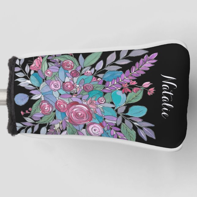 Colourful Black Floral Ladies Golf Head Cover (Front)