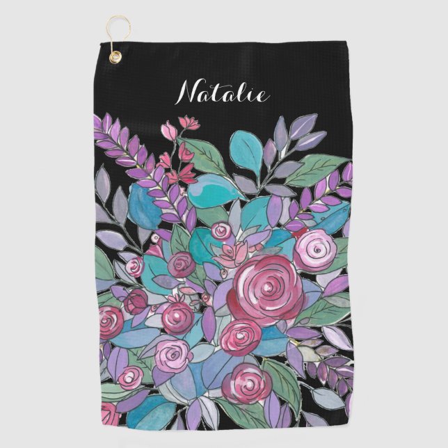 Colourful Black Floral Ladies Golf Towel (Front)