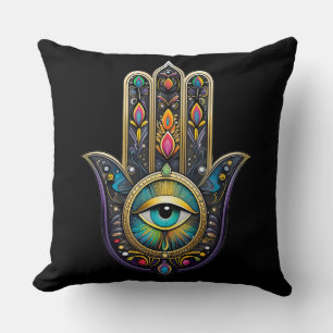 Colourful Black Gold Hamsa w/ Turquoise Third Eye Cushion