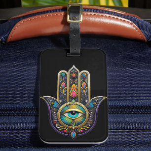 Colourful Black Gold Hamsa w/ Turquoise Third Eye Luggage Tag