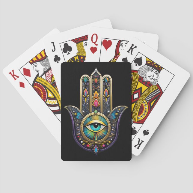 Colourful Black Gold Hamsa w/ Turquoise Third Eye Playing Cards (Back)