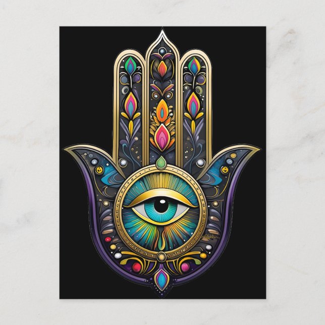 Colourful Black Gold Hamsa w/ Turquoise Third Eye Postcard (Front)