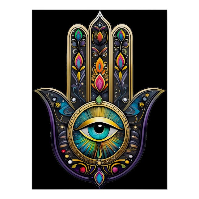 Colourful Black Gold Hamsa w/ Turquoise Third Eye Poster (Front)