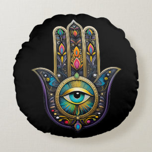 Colourful Black Gold Hamsa w/ Turquoise Third Eye Round Cushion