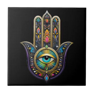 Colourful Black Gold Hamsa w/ Turquoise Third Eye Tile
