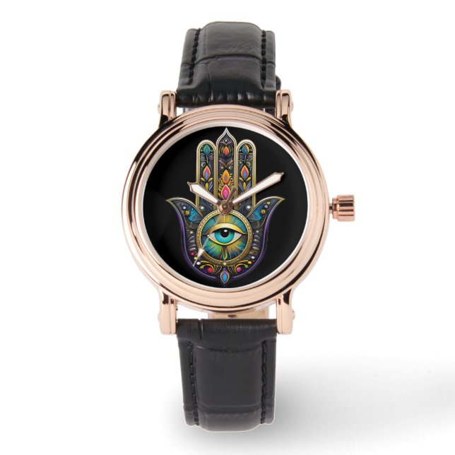 Colourful Black Gold Hamsa w/ Turquoise Third Eye Watch (Front)