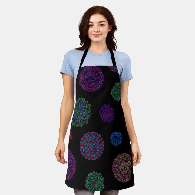 Colourful Black Mandala Mosaic Pattern Apron (Worn)