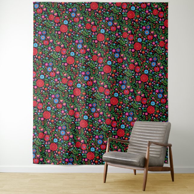 Colourful Black Mexican Embroidery Pattern Tapestry (In Situ)