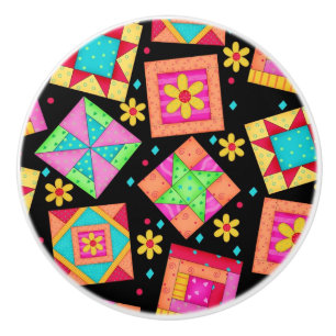 Colourful Black Quilt Patchwork Block Art Ceramic Knob
