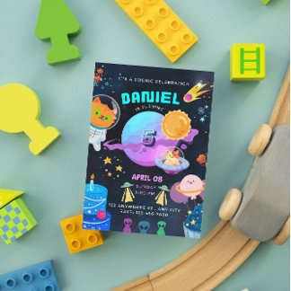 Colourful Black Space birthday invitation