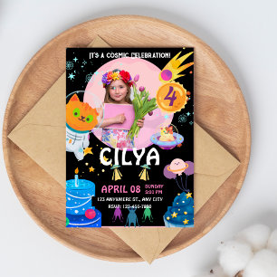 Colourful Black Space Themed Birthday Party Invita Invitation