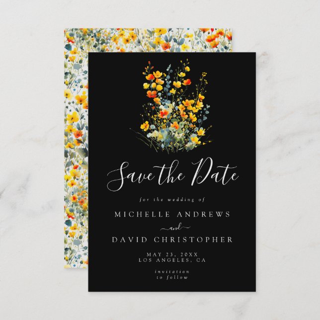 Colourful Black Watercolor Floral Wedding Save The Date (Front/Back)