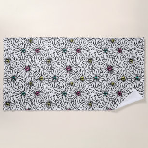 Colourful Black + White Daisies Pattern Beach Towel
