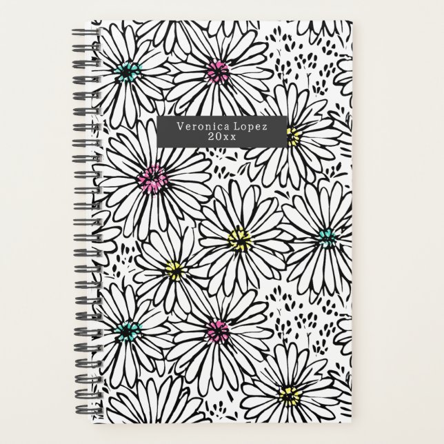 Colourful Black + White Daisies Pattern Planner (Front)