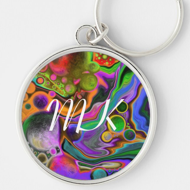 Colourful Blast Fluid Art Digital Pour Painting  Key Ring (Front)