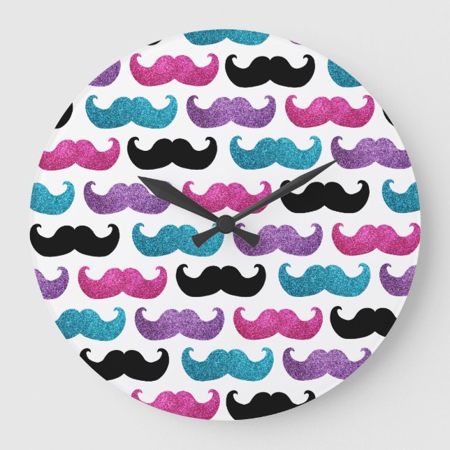 Colourful bling moustache pattern (Faux glitter) Large Clock (Front)
