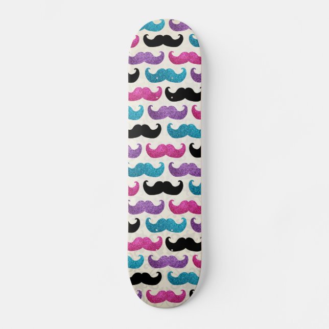 Colourful bling moustache pattern (Faux glitter) Skateboard (Front)