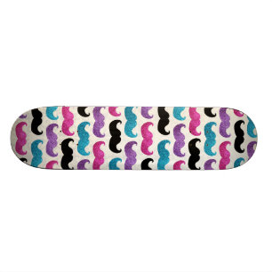 Colourful bling moustache pattern (Faux glitter) Skateboard