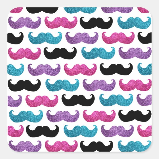 Colourful bling moustache pattern (Faux glitter) Square Sticker (Front)