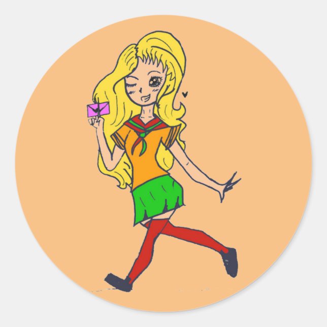 Colourful blonde cartoon girl. Fluffy.  Classic Round Sticker (Front)