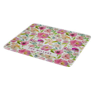 Colourful Blooming Chic Mint Blush Floral Monogram Cutting Board