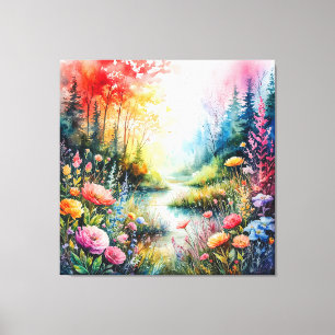 Colourful Blooming Meadow With a Serene Stream Canvas Print