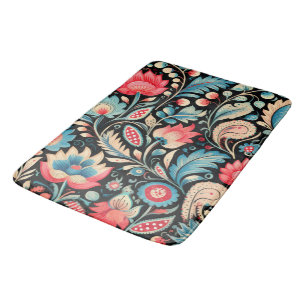 Colourful Blooms and Paisley Patterns on Black Bath Mat