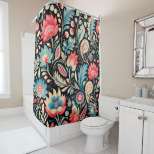Colourful Blooms and Paisley Patterns on Black Shower Curtain