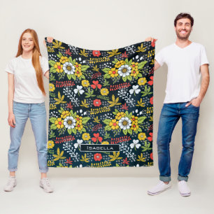 Colourful blossom floral pattern personalised name fleece blanket