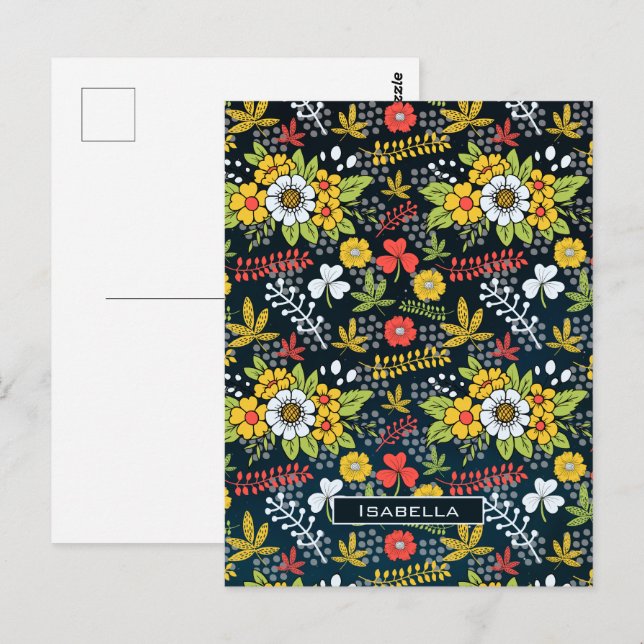 Colourful blossom floral pattern personalised name postcard (Front/Back)