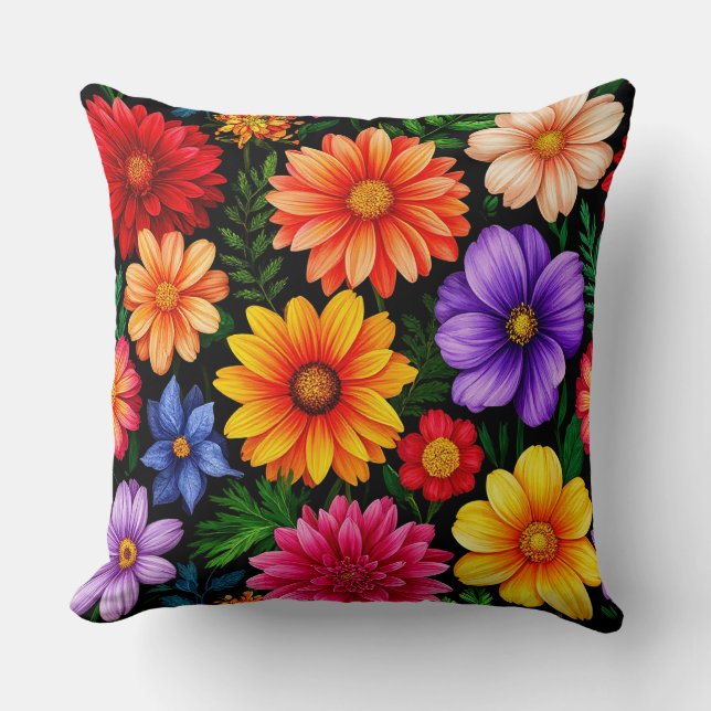 Colourful Blossoms on Black Background Cushion (Front)