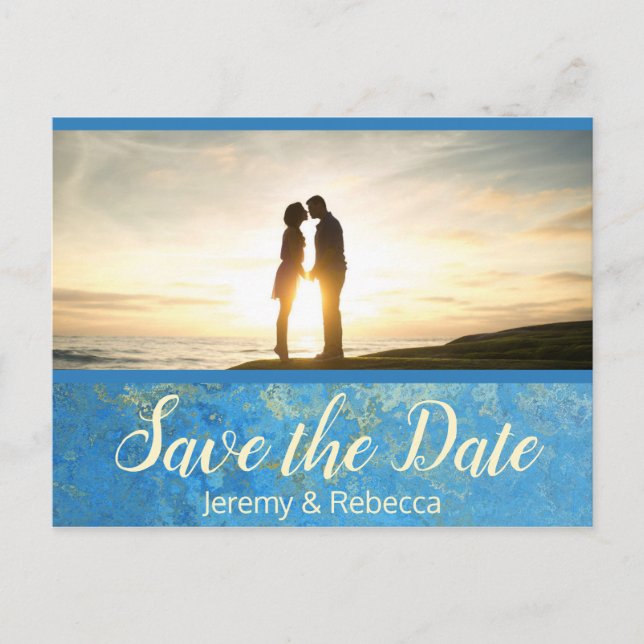 Colourful Blue and Gold Save the Date Postcard (Front)