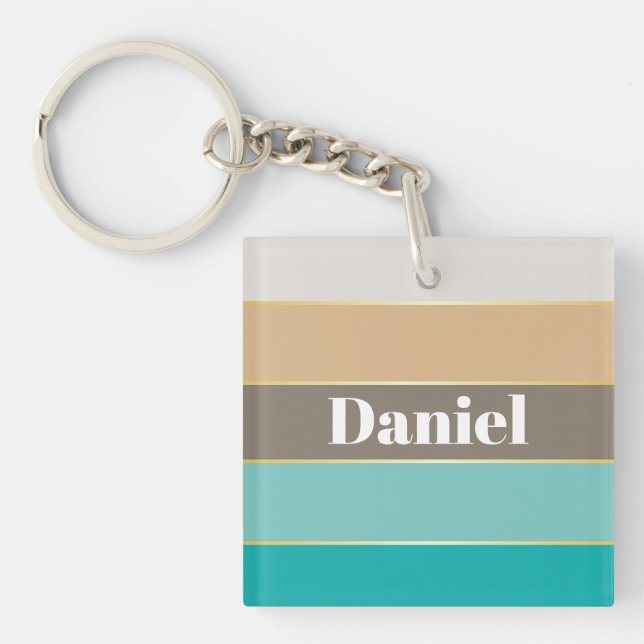 Colourful Blue Beige Personalised Colour Stripes Key Ring (Front)