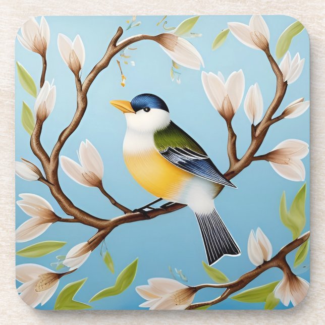 Colourful Blue Bird Perching on a Blossoming Branc Coaster (Front)