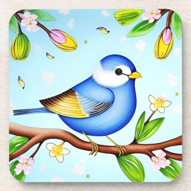 Colourful Blue Bird Perching on a Blossoming Branc Coaster (Front)