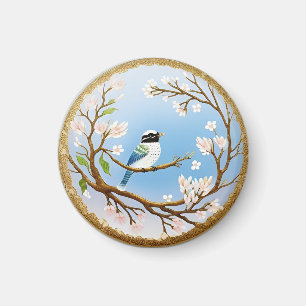 Colourful Blue Bird Perching on a Blossoming Branc Magnet