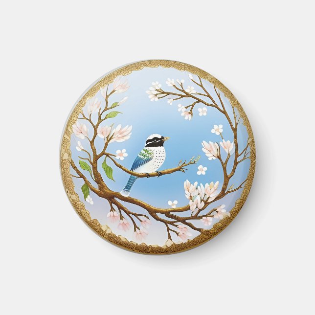 Colourful Blue Bird Perching on a Blossoming Branc Magnet (Front)