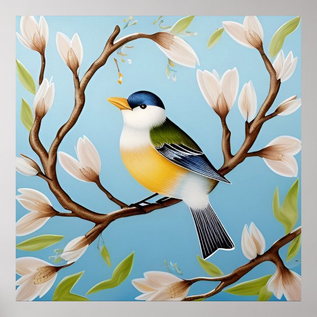 Colourful Blue Bird Perching on a Blossoming Branc Poster (Front)