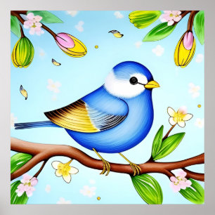 Colourful Blue Bird Perching on a Blossoming Branc Poster