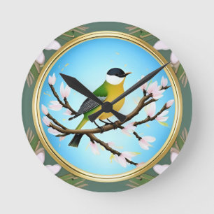 Colourful Blue Bird Perching on a Blossoming Branc Round Clock