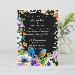 Colourful Blue Birds And Botanical Floral Invitation
